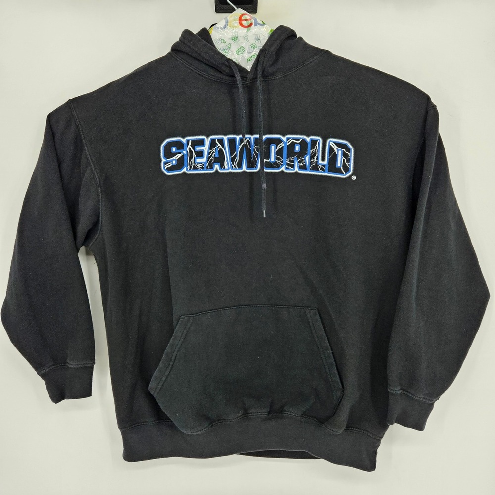 Vintage Sea World Shamu Hoodie Mens XL Black Pullover 90's Long Sleeve Thunder